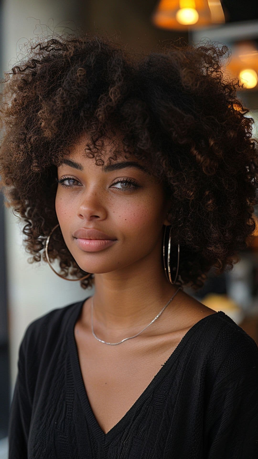 A black woman modelling a chocolate brown afro hair.