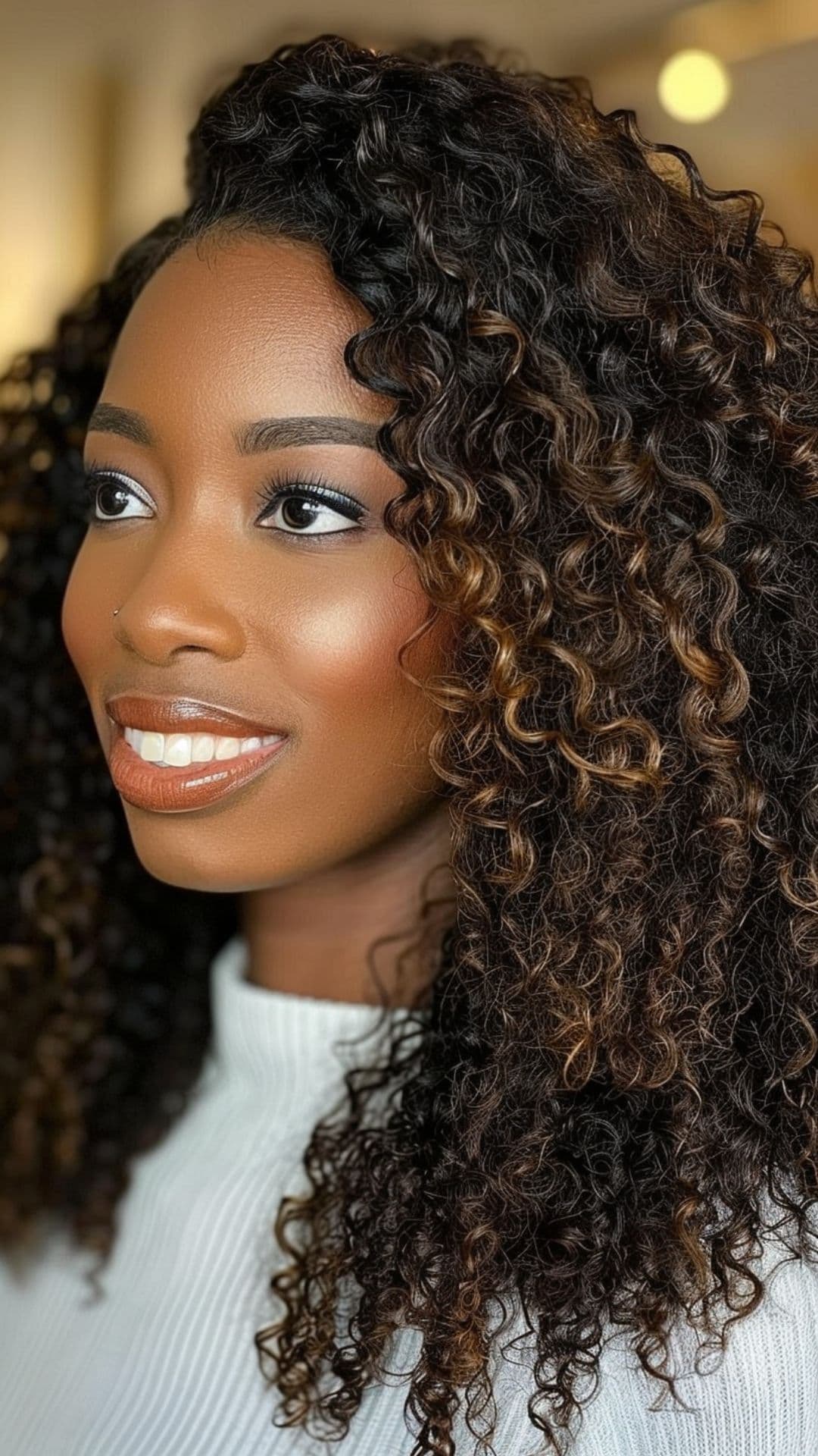 A black woman modelling a caramel ombre on afro hair.