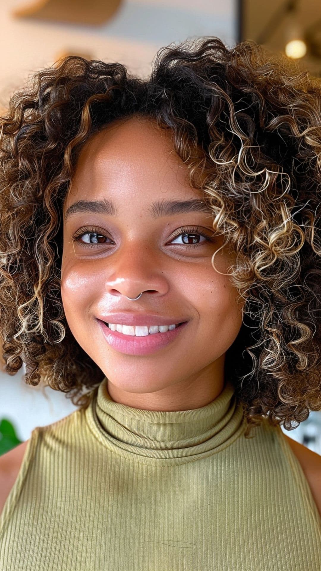 A black woman modelling a sun-kissed balayage afro hair.