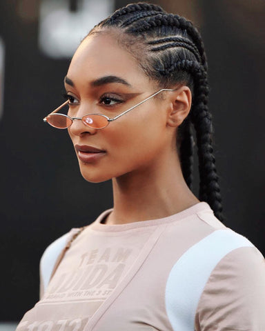 Jourdan Dunn with thick and thin cornrow hairstyle