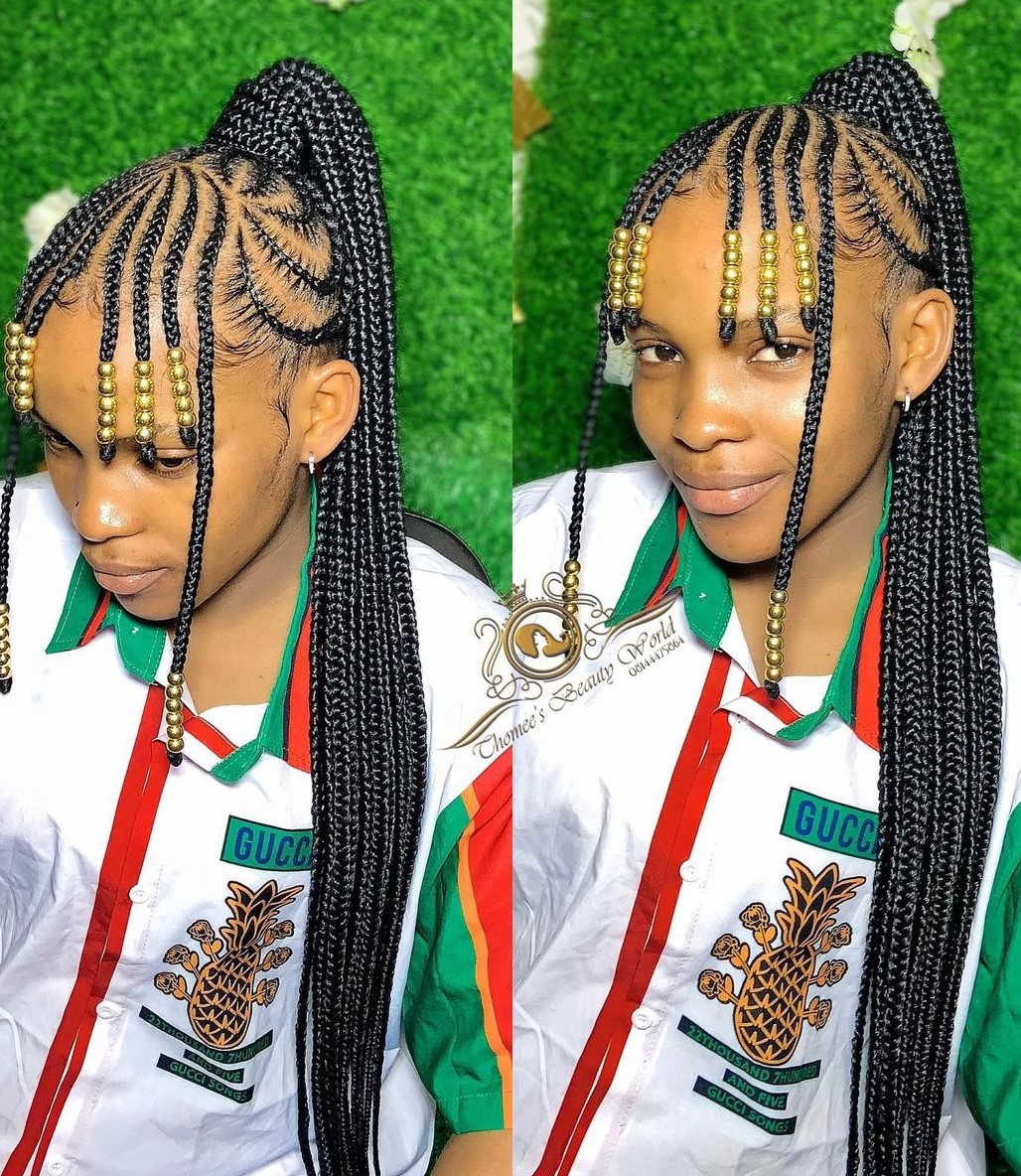 Cornrow Braid Ponytail with Beaded Bangs